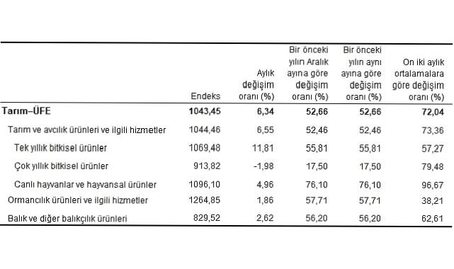 Tarım ürünleri üretici fiyat endeksi (Tarım-ÜFE) yıllık yüzde 52,66, aylık yüzde 6,34 arttı